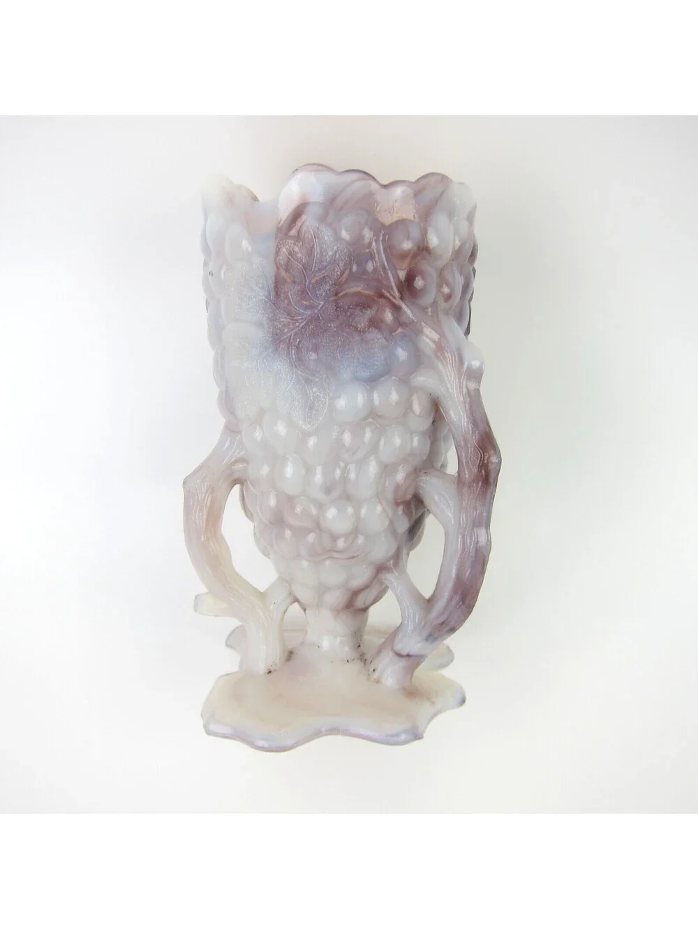 Antique Northwood Mosaic Purple Slag Glass Grape Vine Chalice Vase Early 1900s